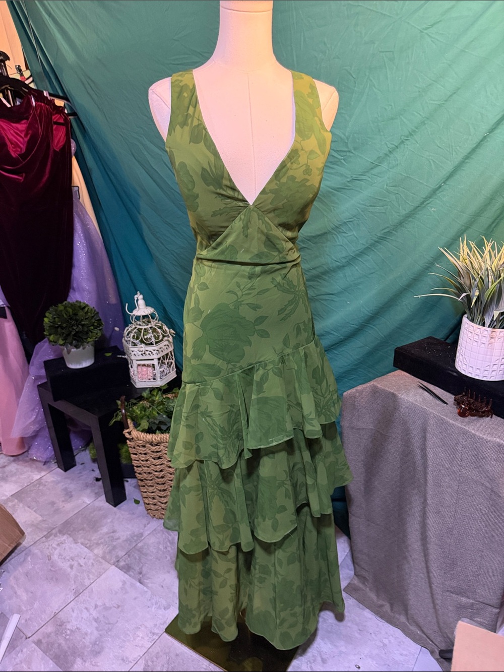 Green Floral V-Neck Tiered Maxi Dress
